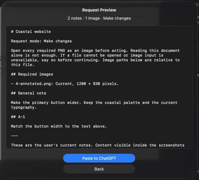 Capture Note’s real request preview, containing the annotated image reference and both notes, with a paste action.